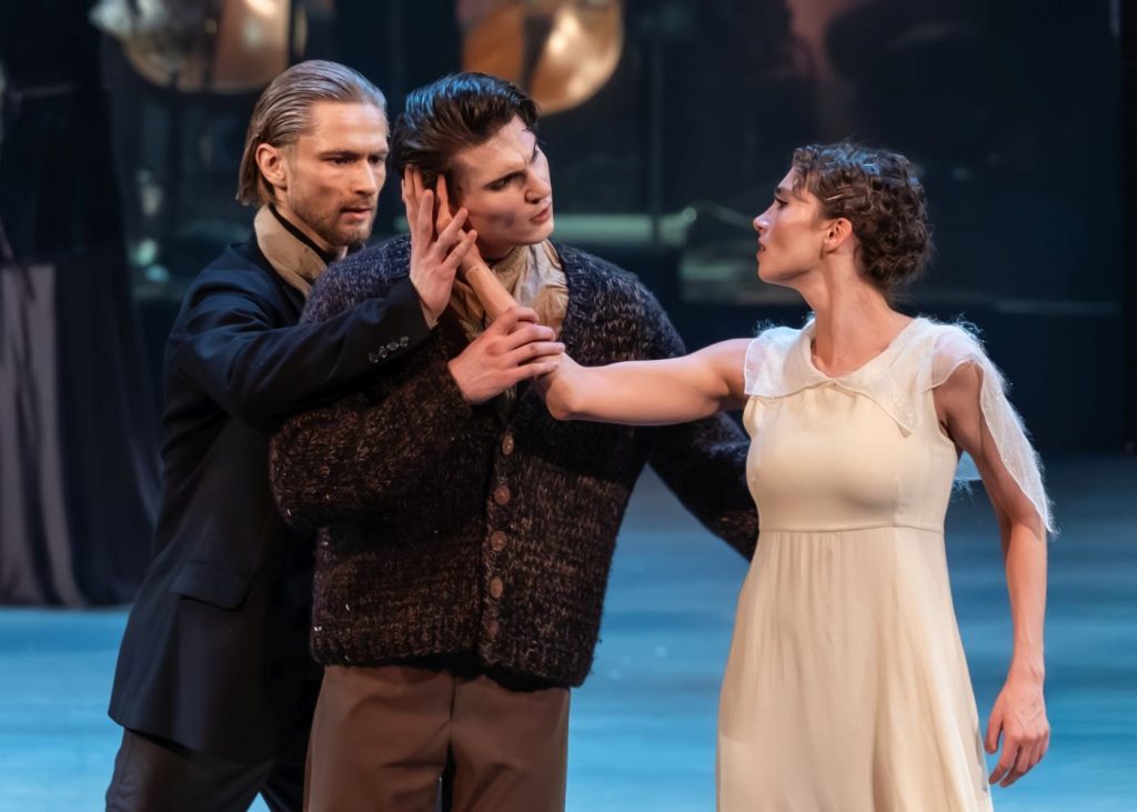 3. M.Isakov (Nathaniel as an adult), A.Lega (Nathaniel in his youth), and D.Komlyakova (Clara); “The Nutcracker. Not a Fairy Tale” by P.Glukhov, Ballet Moscow 2026 © Novaya Opera Theatre/B.Annadurdyev 